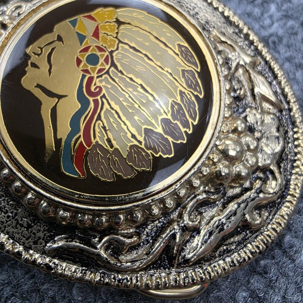 Vintage Brass Tone Belt Buckle Indian Chief Head USA No. 851 3x2.5in Western - Picture 3 of 10